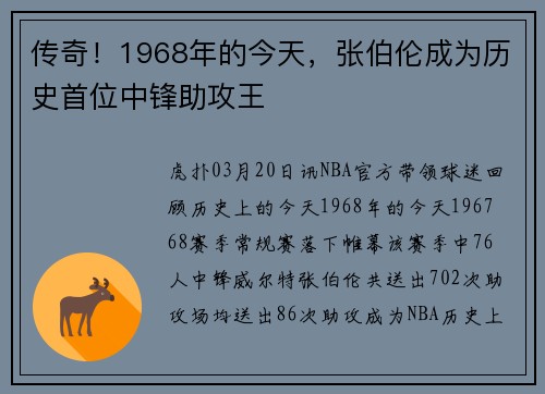 传奇！1968年的今天，张伯伦成为历史首位中锋助攻王
