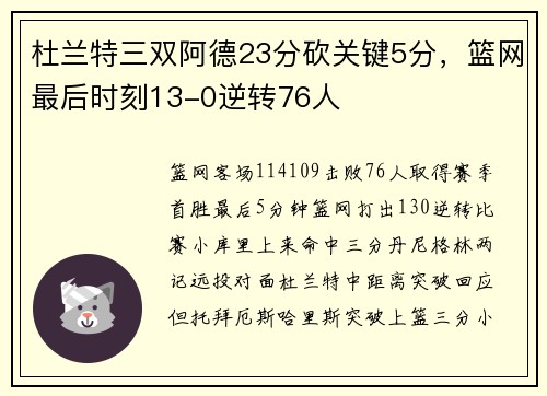杜兰特三双阿德23分砍关键5分，篮网最后时刻13-0逆转76人