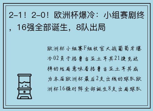 2-1！2-0！欧洲杯爆冷：小组赛剧终，16强全部诞生，8队出局